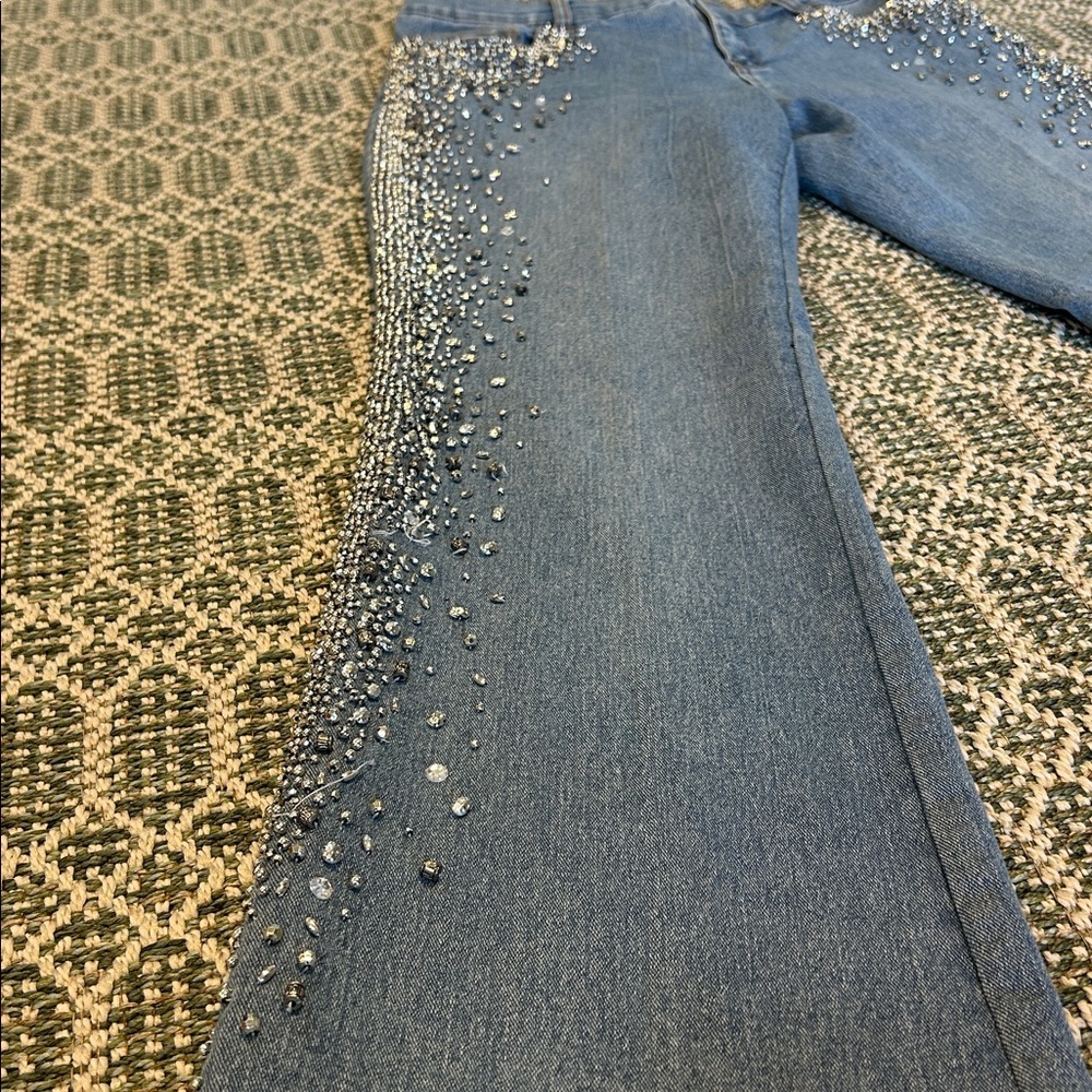 Vintage Cache‎ Y2K Heavy Rhinestone Embellished Bootcut Flare Jeans Light Wash